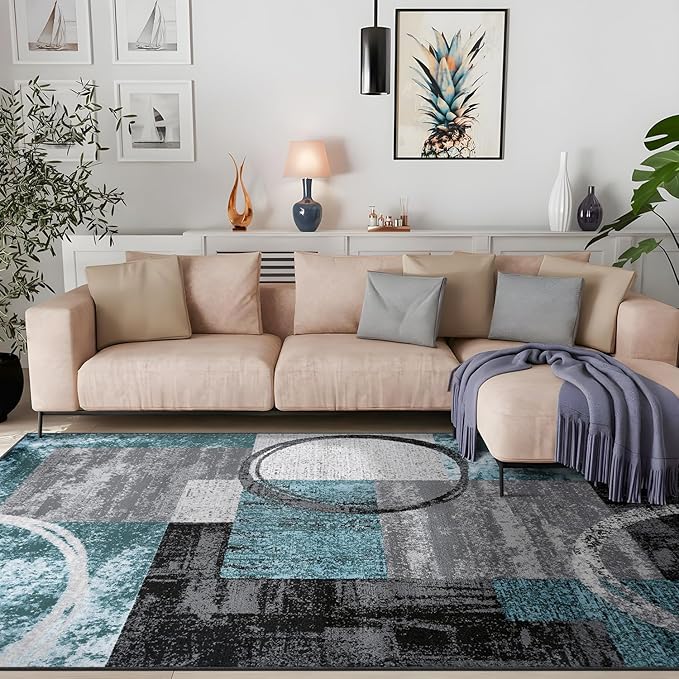 Rugshop Contemporary Circle Design Area Rug, Fade-Resistant Carpet for Living Room, Dining Room, or Home Office, Gray, 6'6" x 9'