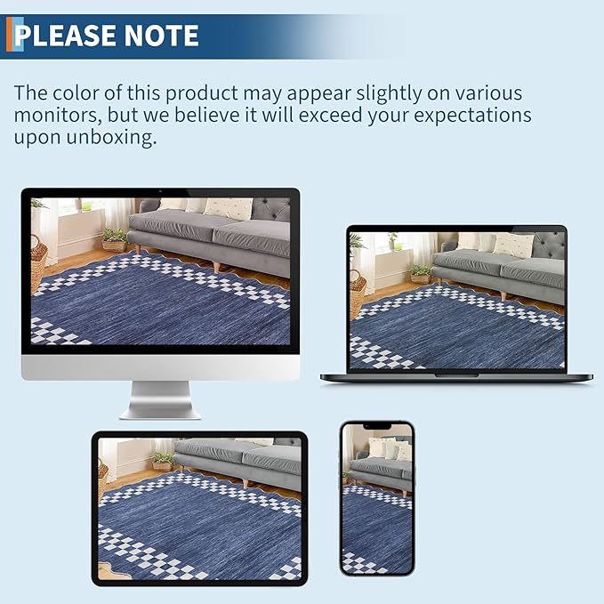 GarveeHome Washable Rug 5x7 for Living Room Large Bedroom Scalloped Rug Non Slip Stain Resistant Modern Border Throw Carpet Soft Boho Rug for Dining Room Nursery Home Office, Blue