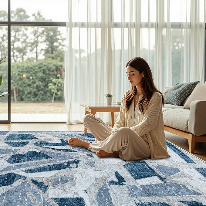 Blue 6X9 Area Rugs for Living Room Bedroom,Modern Abstract Large Carpet Washable Rugs 6X9 for Dining Room Office,Non Slip Print Faux Wool Thin 6 by 9 Indoor Nursery Kids Home Pet & Child Friendly