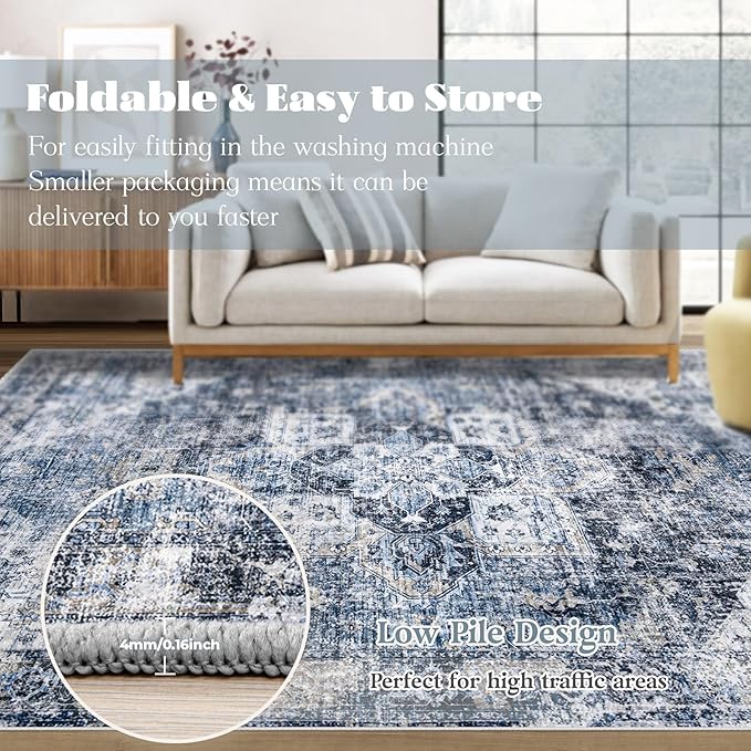 Area Rug 9x12 Washable Rug, Vintage Boho Medallion Rugs Non-Slip Soft Low Pile Large Distressed Rug Indoor Retro Carpet for Living Room Bedroom Dining Room Home Office (Blue, 9'x12')
