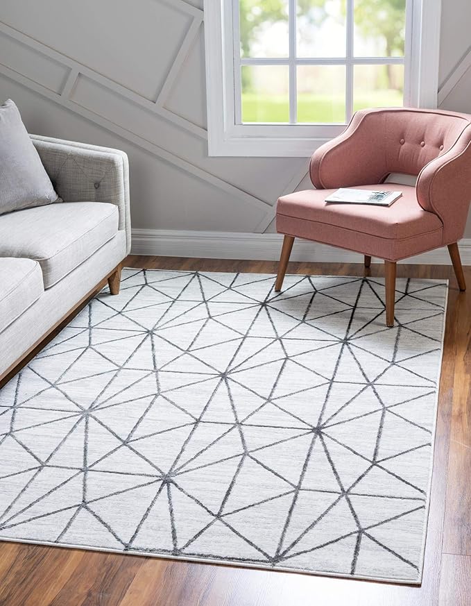 Rugs.com Lattice Trellis Collection Rug – 5' x 8' White Low-Pile Rug Perfect for Living Rooms, Large Dining Rooms, Open Floorplans