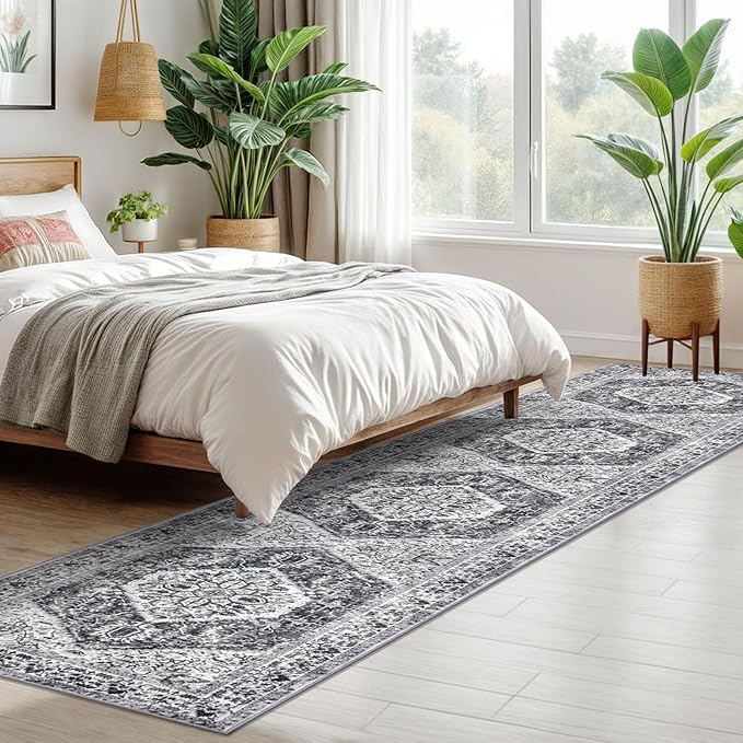 KOZYFLY Long Runners for Hallways 2x10 Ft Washable Kitchen Runner Rug Boho Runner Rug for Entryway Indoor Printed Faux Wool Stair Runner Floor Carpet for Stair Kitchen Hall, Grey