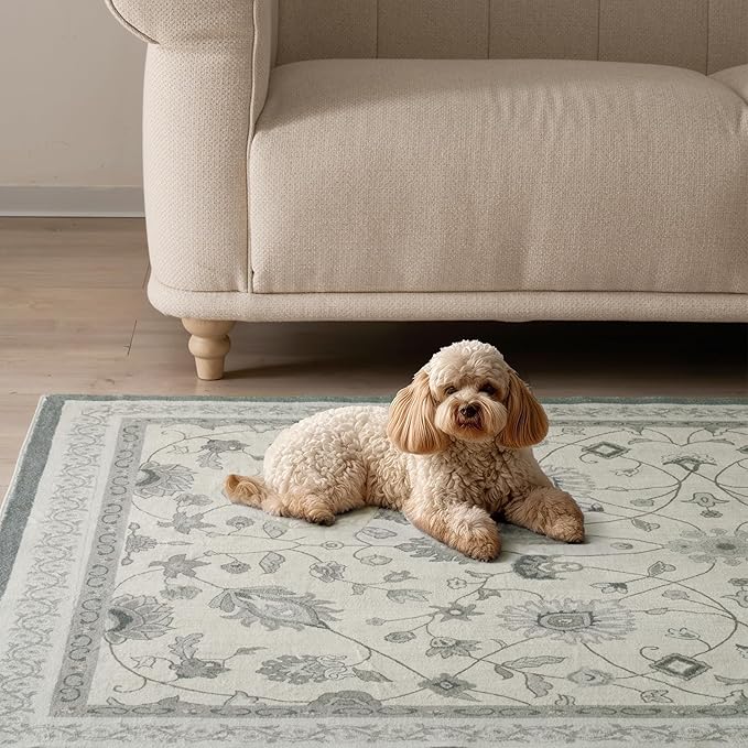 EVERGRACE Hallyway Area Runner Rugs 2x8, Boho Floral Faux Wool Indoor Outdoor Rugs, Washable Rugs for Bedroom Dining Room Living Room Kitchen, Low Pile Floor Mat Carpet for Home Decor, Cool Gray