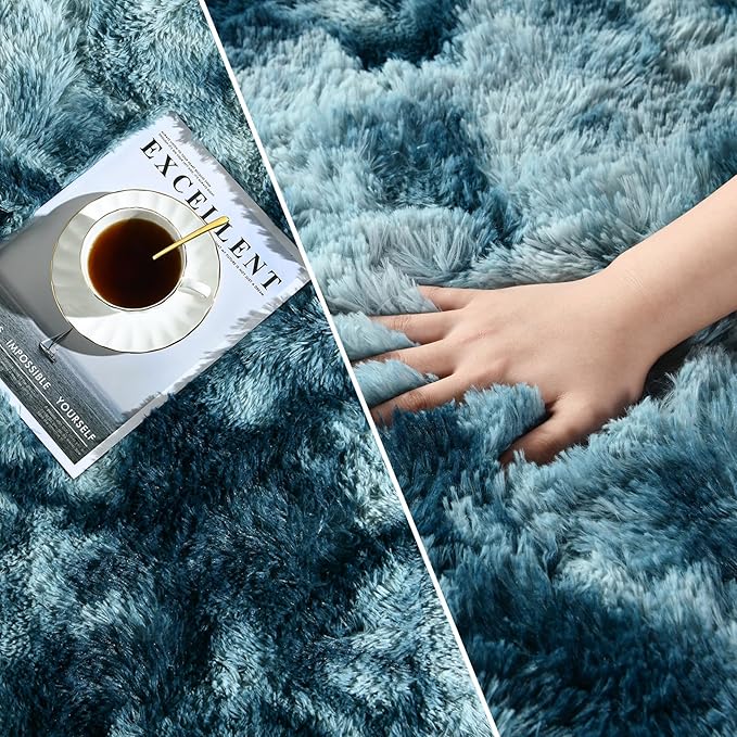 Shag Area Rug, 4 X 6 Tie-Dyed Plush Fuzzy Rugs for Living Room, Ultra Soft Fluffy Furry Rug for Bedroom, Indoor Carpet Nursery Rugs for Kids Room Home Decor, Peacock Blue