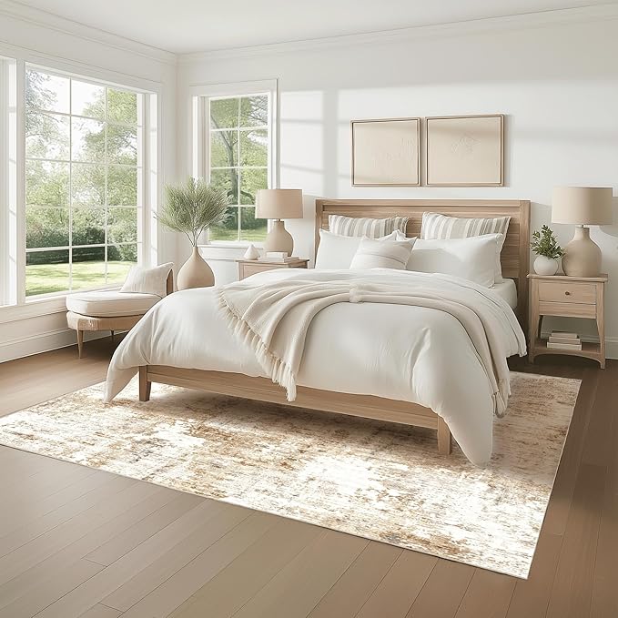 FMFUNCTEX 5x7 Washable Area Rug Abstract Modern Neutral Brown Grey Non Slip Soft Low Pile Thin Accent Indoor Carpet for Living Room Bedroom Dining Office Nursery Bedside Entryway Entrance, Grey Gold
