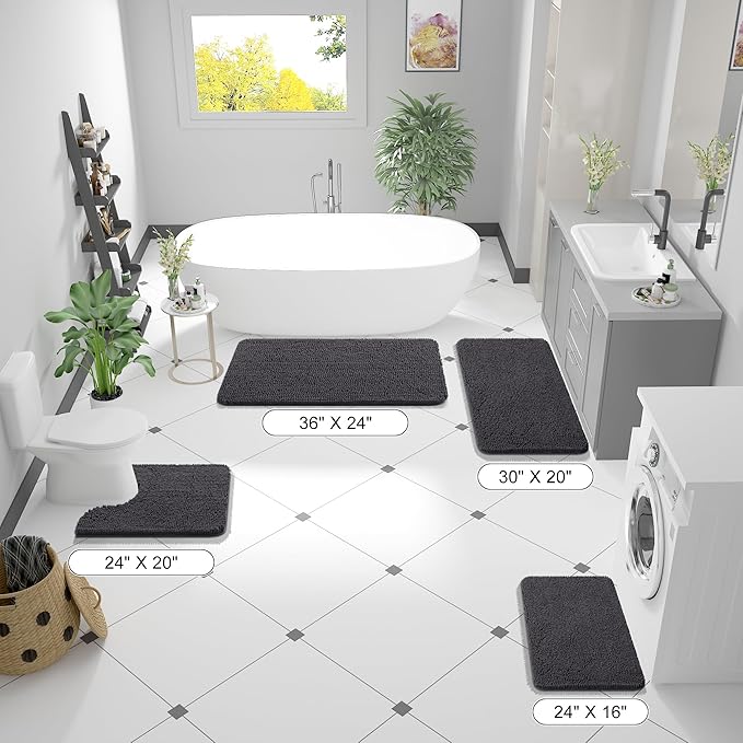 OLANLY Bathroom Rugs 59x24, Extra Soft Absorbent Chenille Bath Rugs, Rubber Backing Quick Dry, Machine Washable Bath Mats for Bathroom Floor, Tub and Shower, Home Decor Accessories, Dark Grey