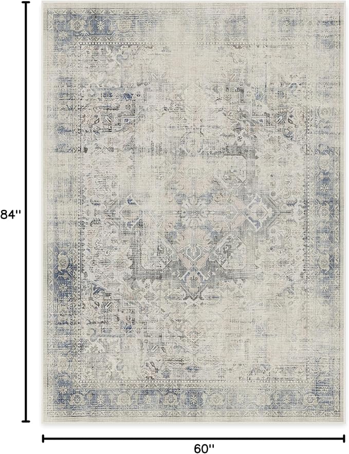 RUGGABLE Washable Vintage Area Rug – Kamran Blue Quartz 5x7, Stain-Resistant, Non-Slip – Medium Machine Washable Rugs for Living Room, Bedroom, Hallway, Entryway & Office–with Standard Pad