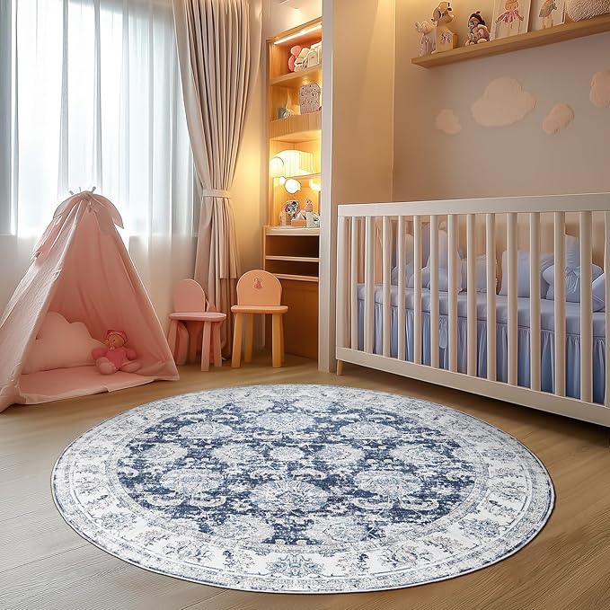 jinchan Fiora Round Rug 5ft Area Rugs Vintage Floral Distressed Design - Machine Washable Non-Slip Low-Pile Ultra-Thin Circle Rug for Entryway Bedside Living Room Bedroom (5' Round, Dark Blue)