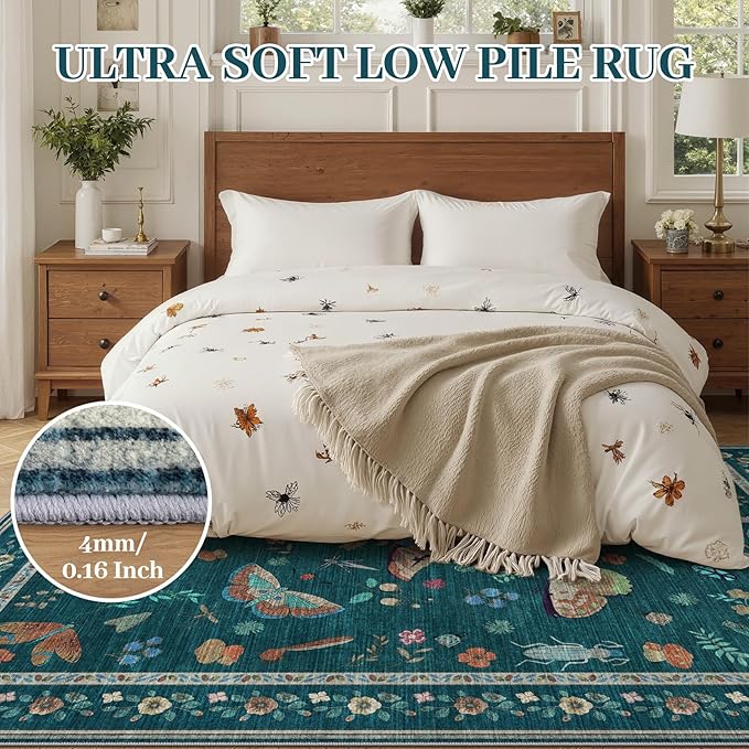 5x8 Insect Print Entryway Rug - Indoor Non-Slip Low Pile Machine Washable Bug Rug for Front Door, Living Room, Bedroom, Kitchen, Nursery, Laundry (5'x8' Teal)