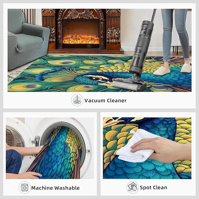 Peacock Rug 5x7-5x7 Rug, Wonderful Peacock Area Rugs for Bedroom, Teal Turquoise Rugs for Living Room, Modern Style Washable Mat, Malachite Green Feather Carpet - Peafowl Home Decor & Gifts