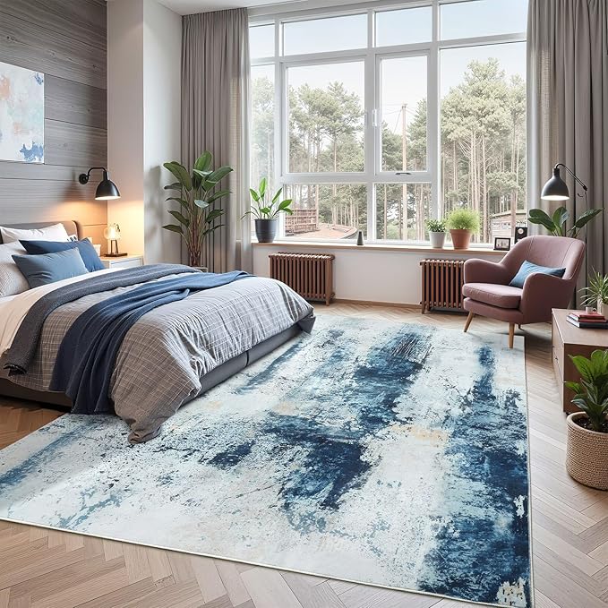 Washable Abstract Rug, 7x10 Modern Area Rugs with Non-Slip Rubber Backed for Living Room, Thin but Soft Contemporary Carpet Kitchen Bedroom Dining Room Decor, Blue White