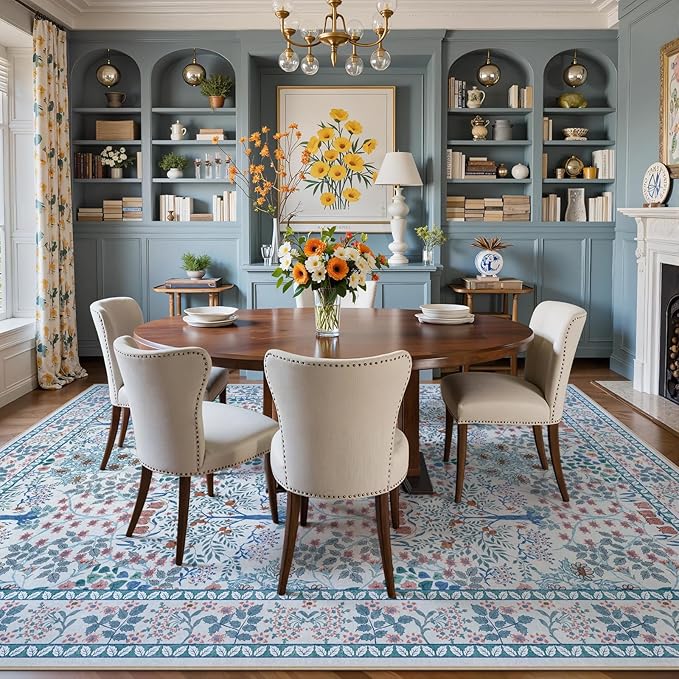 8x10 Area Rugs Living Room Rug - Floral Vintage Forest Washable Carpet, Low Pile Non-Slip Stain Resistance Boho Soft Large Carpet for Bedroom, Dining Room, Office, Farmhouse (8'x10' Blue/Pink)