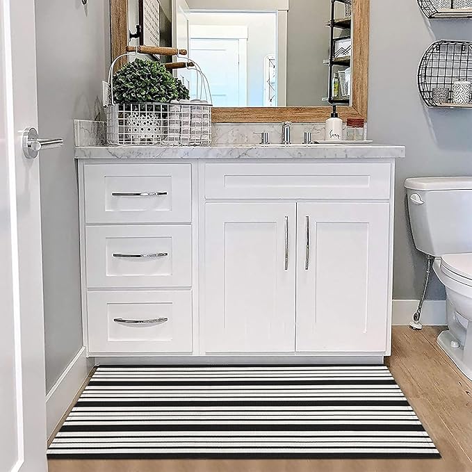KOZYFLY Black and White Striped Porch Runner Rug 2x4.3 Ft Washable Outdoor Rug Farmhouse Outdoor Doormats Double Front Door Rug Striped Runner for Front Door Kitchen Hallway Bathroom