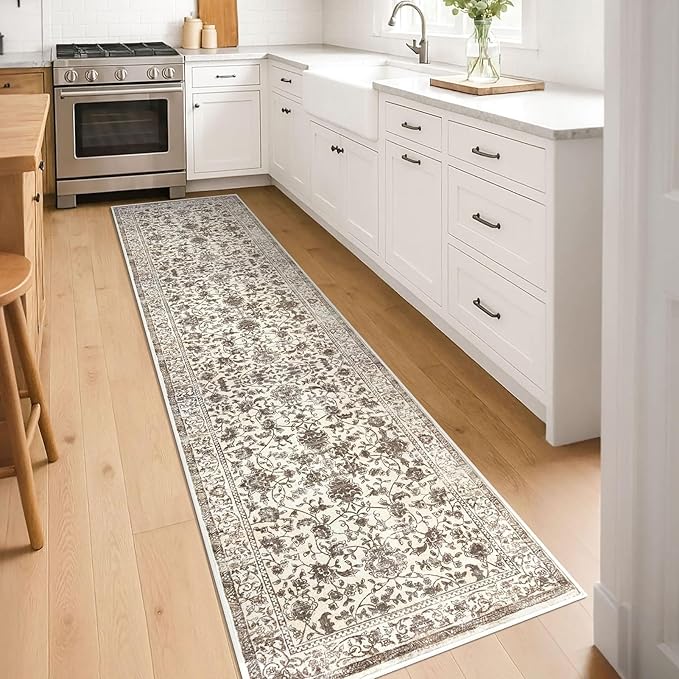 KILOCOCO Hallway Runner 2x8 Rug Runner Printed Vintage Floral Washable Kitchen Runners Non-Slip Rubber Backed Runners for Hallways Laundry Room Distressed Boho Rugs for Entryway Bedroom, Beige/Brown