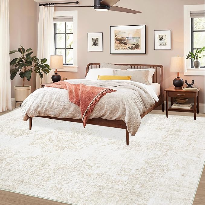 Vintage Living Room Area Rug - 6x9 Large Machine Washable Boho Moroccan Rug Distressed Farmhouse Rugs for Bedroom - Soft Non-Slip Indoor Carpet for Dining Room Office Nursery(Ivory, 6'x9')