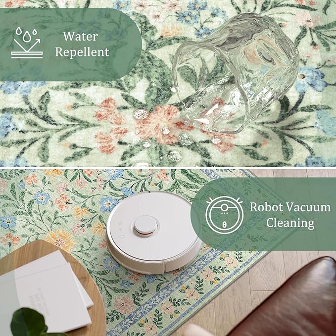 Morebes Boho Washable 6x9 Area Rugs for Living Room, Soft Vintage Floral Girls Bedroom Rug Non Slip, Indoor Floor Carpet for Nursery Kids Playroom Home Office, Green/Multi