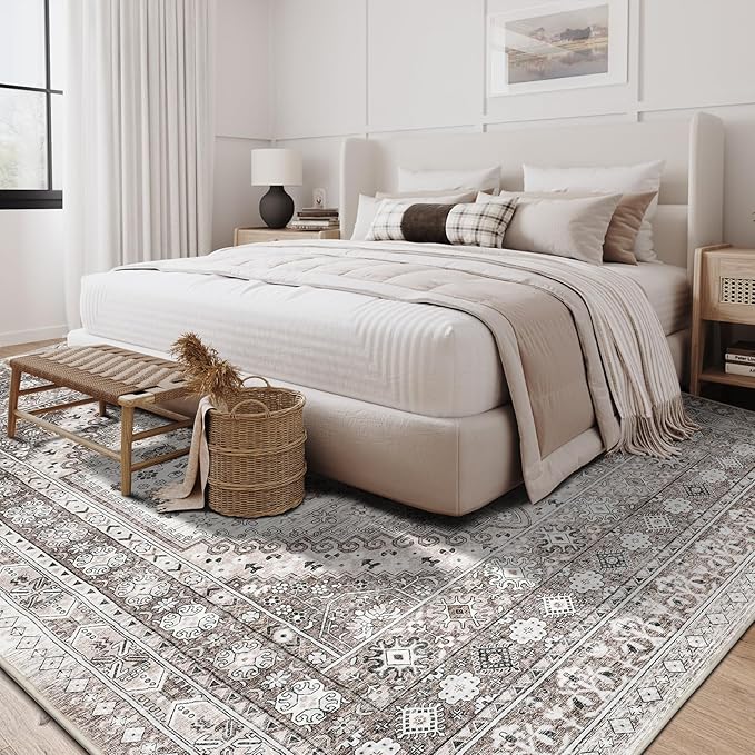 zesthome 4x6 Rug - Stain Resistant Washable Rug, Anti Slip Backing Rugs for Living Room, Foldable Vintage Small Area Rugs (Brown/Beige,4'x6')
