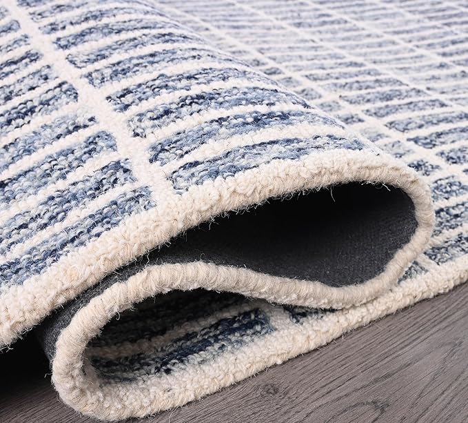 Hand-Tufted 100% Wool Area Rug – Unique Modern Geometric Grid Pattern, Soft Plush Textured Carpet for Living Room, Bedroom, Dining Room & Entryway (Denim Blue, 5' x 7')