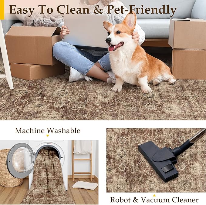 2x6 Washable Runner Rug for Kitchen Hallway Rust Vintage Non-Slip Low Pile Distressed Rustic Carpet Lightweight Vacuumable Soft Throw Rug for Indoor Entryway Bedroom