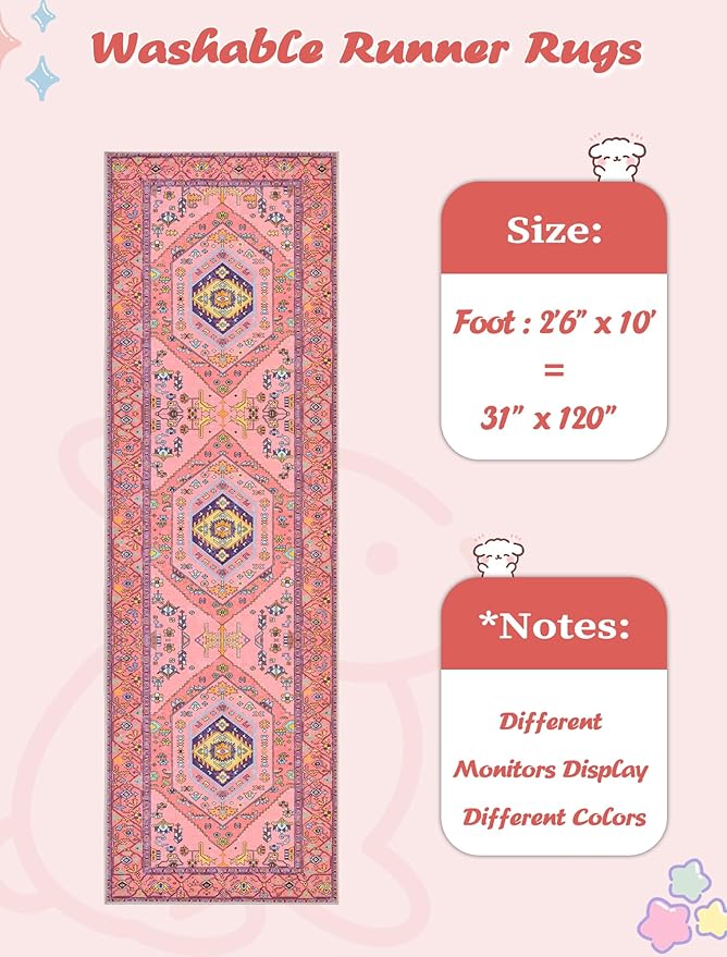 SERISSA Runner Rug for Hallways, 2'6"x10' Washable Non Slip Kitchen Runner Rug, Ultra Soft Cute Boho Aesthetic Rug Long Fuchsia Pink Floor Carpet for Bedroom Bathroom Laundry Living Room