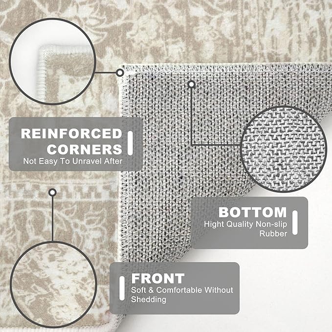 KILOCOCO Hallway Runner 2x7 Rug Runner Printed Vintage Floral Washable Kitchen Runners Non-Slip Rubber Backed Runners for Hallways Laundry Room Distressed Boho Rugs for Entryway Bedroom, Beige