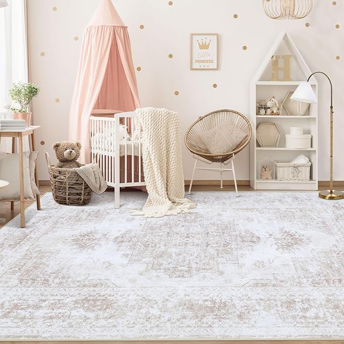 Area Rug 5x7 Living Room Rug, Machine Washable Vintage Distressed Medallion Rug Non-Slip Soft Low Pile Large Indoor Rugs for Bedroom Kitchen Dining Room Office(Beige,5'x7')