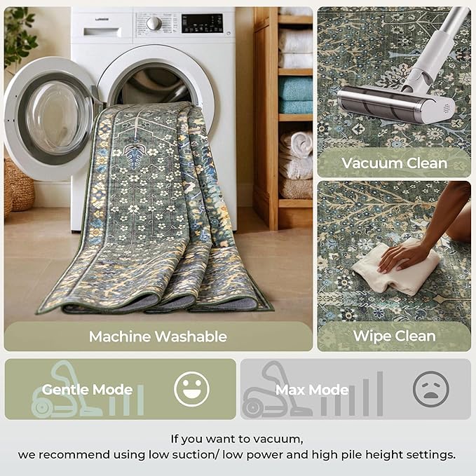 Kokia Boho Vintage Floral Area Rugs, Washable Oriental Botanical Rugs for Living Room, Bedroom, Dining Room, Office, Soft Indoor Area Rug, Sage Green，6x9