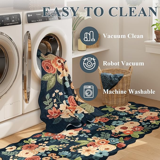 DUKINO 8x10 Area Rug, Floral Washable Rugs for Living Room with Non Slip Backing & Non-Shedding, Lightwight Low Pile Boho Design Large Carpets for Bedroom, Living Room, Dining Room, Navy Blue