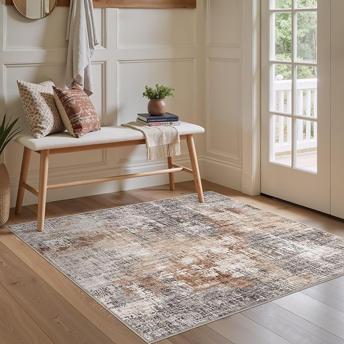 Square Area Rug Living Room Rugs - 5x5 Washable Large Soft Indoor Neutral Modern Abstract Low Pile Rug Carpet for Bedroom Dining Room Farmhouse Home Office - Grey Brown