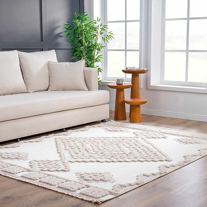 Hauteloom Rosales Farmhouse Living Room Bedroom Modern Moroccan Medallion Area Rug - Soft Shaggy High Low Carpet - High Pile - Bohemian, Boho - White, Beige, Cream - 7'10" x 10'