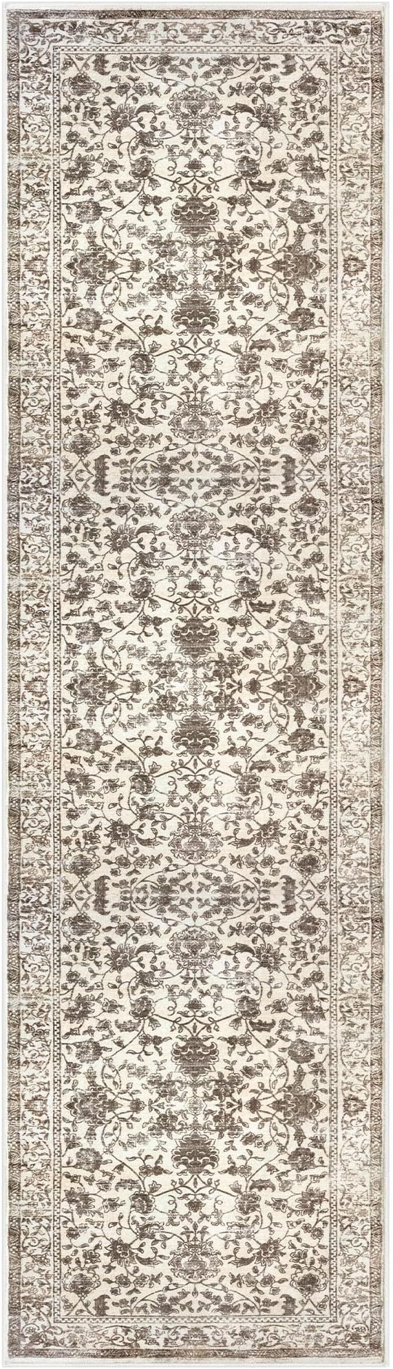 KILOCOCO Hallway Runner 2x8 Rug Runner Printed Vintage Floral Washable Kitchen Runners Non-Slip Rubber Backed Runners for Hallways Laundry Room Distressed Boho Rugs for Entryway Bedroom, Beige/Brown