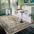 4x6 Machine Washable Area Rug for Living Room, Blue Beige Boho Vintage Floral Rug Large Non-Slip Low Pile Soft Faux Wool Carpet, Kids and Pets Friendly for Bedroom Dining Room Farmhouse Decor Rug