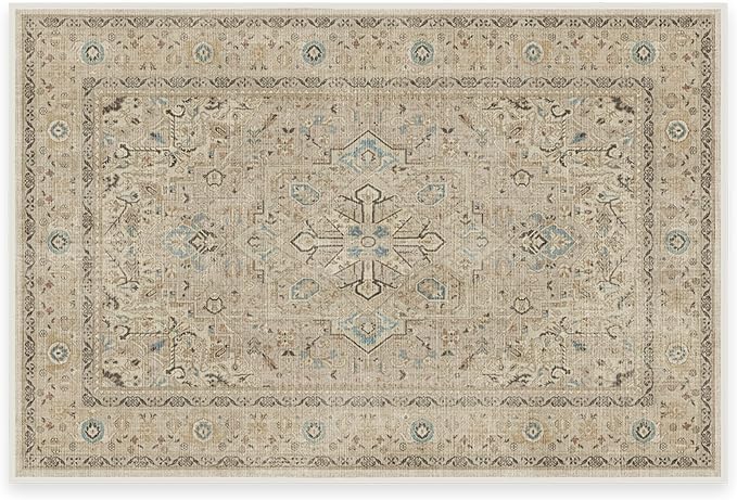 RUGGABLE Washable Vintage Area Rug – Kamran Ivory Opal 2x3, Stain-Resistant, Non-Slip – Small Machine Washable Rugs for Living Room, Bedroom, Hallway, Entryway & Bathroom–with Cushioned Pad