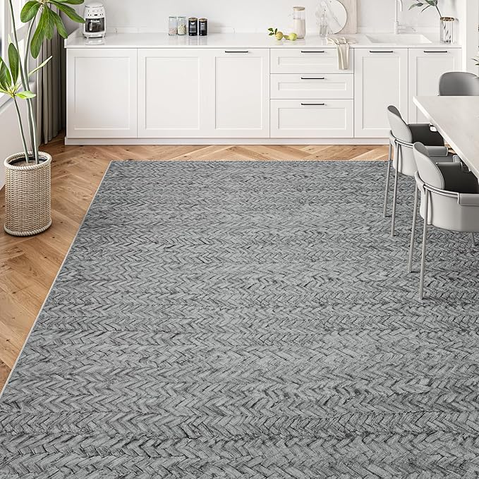 Eleisa Modern Vintage 5x7 Herringbone Chevron Area Rug for Living Room, Light Grey, Non-Slip Stain Resistant Washable Rug, Farmhouse Home Decor Carpet for Bedroom, Kitchen, Dining Room