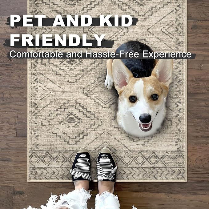 KILOCOCO Kitchen Runner Rug 2x6 Washable Runner Rug Soft Runners for Hallways Non Slip Printed Distressed Laundry Room Rugs, Low-Pile Runners for Entryway Bedroom Living Room, Beige/Gray/Green