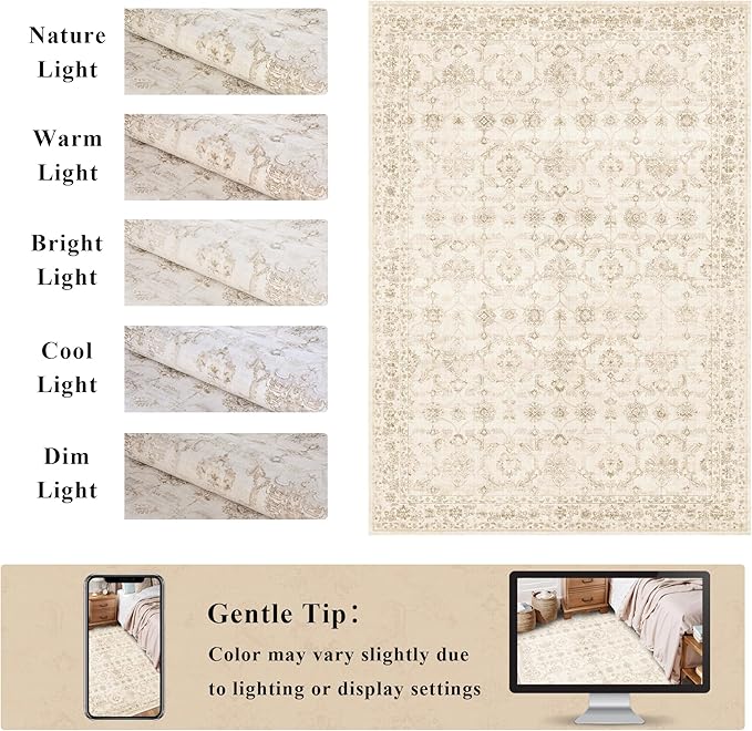 Washable Area Rug 5x7 Beige Rugs for Living Room, Vintage Boho Large Rug for Bedroom Dining Room Office, Distressed Floral Print Carpet for Under Table, Soft Non Slip Low Pile Throw Carpet Indoor Mat