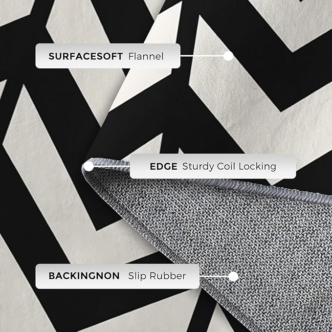 3x4 Black and White Chevron Rugs for Bedroom Decor, Washable Chevron Geometric Pattern Area Rug, Living Room Home Decoration, Non Slip Soft Thin, Modern Zigzag Decor Carpet PF-P 49