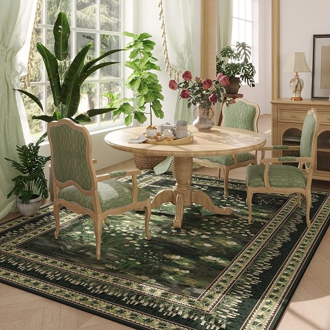 Rugcomf Area Rugs 8x10 Clearance Impressionist-Style Vintage Washable Area Rug Non Slip Low Pile Large Rug for Bedroom Farmhouse Dining Room Kids Playroom, Green