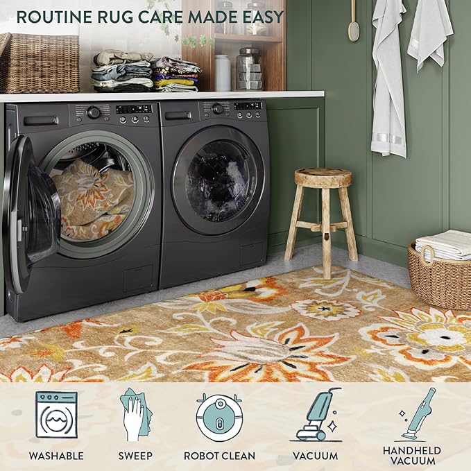 Lahome Floral Washable 2x3 Area Rug, Non-Slip Small Door Rugs for Entryway Indoor, Non-Shedding Tan Paisley Print Doormat Capet for Kitchen Bathroom Laundry Room Sink