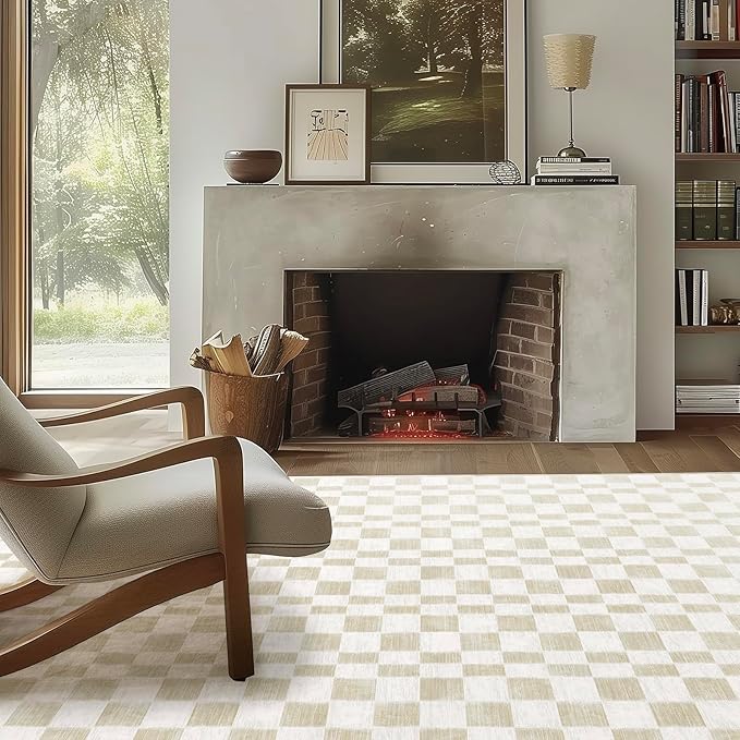 EVERGRACE Checkered Plaid Area Rug 6x9, Soft Faux Wool Rugs Washable Anti Slip Rugs Large Rug Carpet for Entryway Bedroom Living Room Hallway Kitchen Dining Room and Laundry Room, Beige
