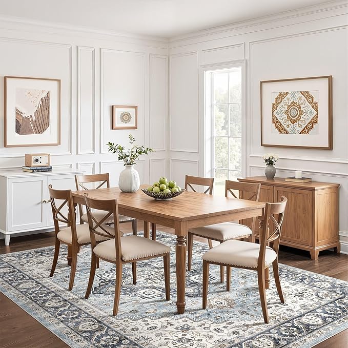 9x12 Area Rug Living Room: Washable Boho Large Neutral Vintage Soft Rugs Stain Resistant Farmhouse Non-Slip Indoor Floor Carpet for Bedroom Nursery Kids Playroom Office Dining Room House- Blue Tan