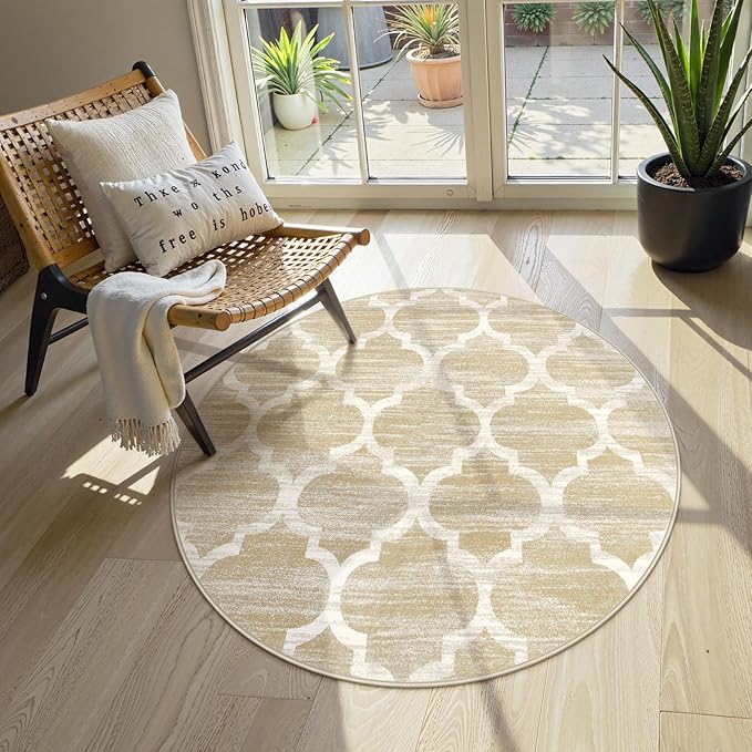 Lahome Moroccan Round Rug - 3x3 Washable Non-Slip Small Bathroom Rug Throw Soft Kids Nursery Room Rugs, Modern Print Distressed Round Carpet for Bedroom Sofa (Taupe, 3Ft-Round)