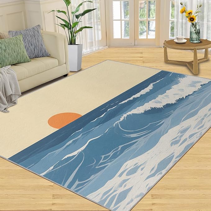 Boho Sun Area Rugs 6x9ft, Abstraction Deco Fluffie Rugs for Living Room, Minimalist Sunburst Nursery Rug with Under Rug Non Slip Tape for Bedroom Kids Room