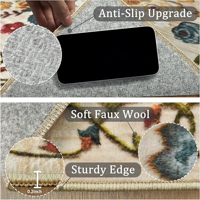 8x10 Machine Washable Area Rug for Living Room, Beige Vintage Boho Floral Rug Large Non-Slip Low Pile Soft Faux Wool Carpet, Kids and Pets Friendly for Bedroom Dining Room Farmhouse Home Decor Rug