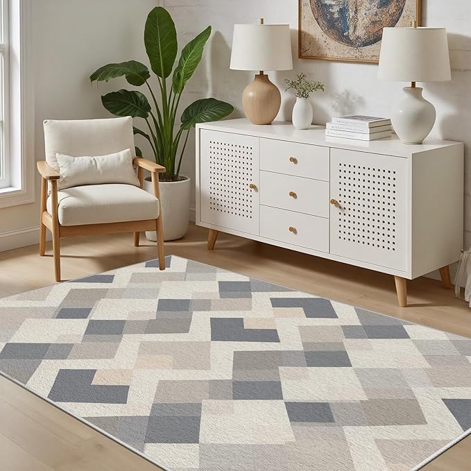 Modern Area Rug Living Room Rugs 3x4, Minimalist Soft Boho Geometric Rug, Non-Slip Washable Low Pile Non Shedding Carpet for Bedroom Office Dining Room Kitchen Nursery, Gray Beige White