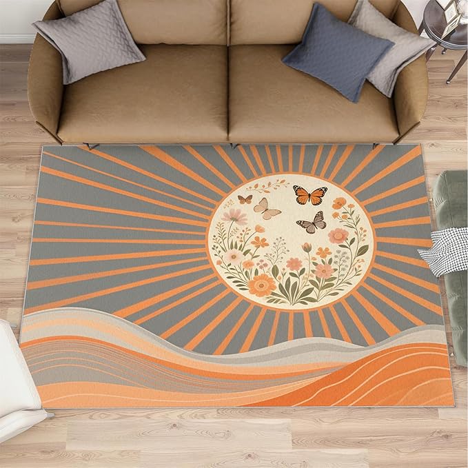 Boho Sun Area Rugs 4x5ft, Minimalist Line Kids Play Rug, Geometric Solar Throw Rugs Bedroom Fluffie Soft for Coffee Shop Living Room Under Table Game Room