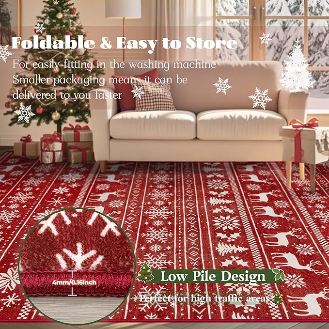 Christmas Rug 4x6 Washable Rugs, Boho Christmas Tree Snowflake Rug Non-Slip Soft Low Pile Non Shedding Indoor Holiday Decor Carpet for Living Room Bedroom Dining Room Home Office (Xmas Red, 4'x6')