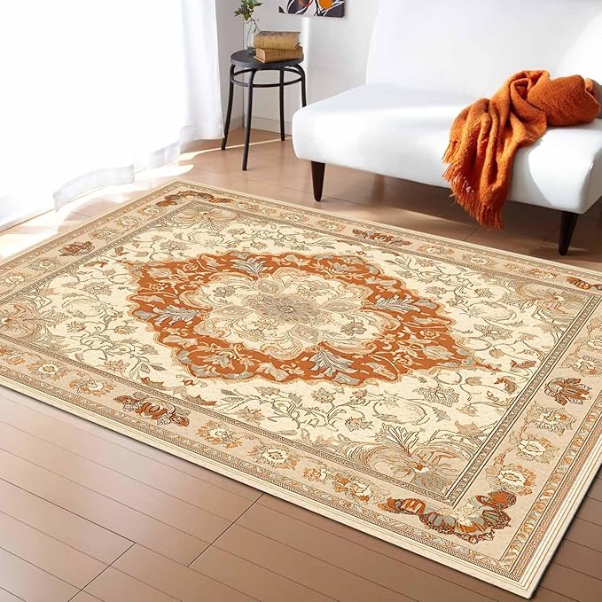 Orange Bohemian Rectangular Area Rugs for Living Room Bedroom 5 x 6.9 ft Vintage Farmhouse Floral Pattern Non-Shedding Soft Low Pile Rug Non Slip Washable Rug for Nursery Entryway Playroom