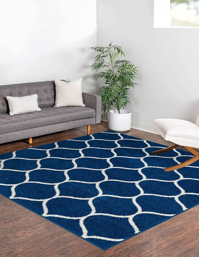 Rugs.com Lattice Frieze Collection Rug – 6' Square Navy Blue Medium Rug Perfect for Living Rooms, Kitchens, Entryways