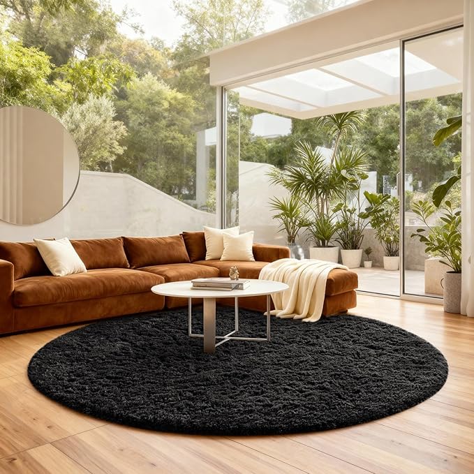 Ophanie Round Rug 8Ft Black Circle Area Rug, Room Decor for Men, Fluffy Fuzzy Bedroom Carpet, Plush Soft Shaggy Living Room Rugs for Kids Home Decor Aesthetic, Nursery